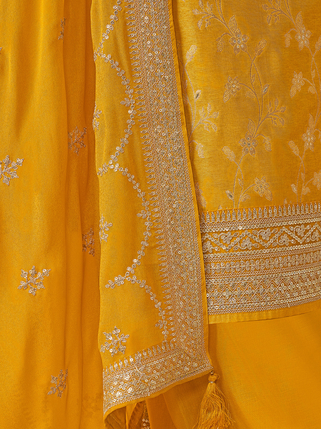Yellow Chinon Floral Jacquard Embroidered Top with Palazzo Suit Set - qivii