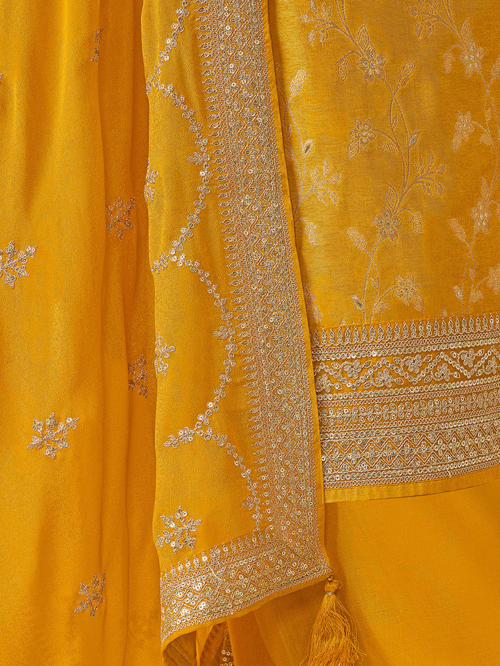 Yellow Chinon Floral Jacquard Embroidered Top with Palazzo Suit Set - qivii