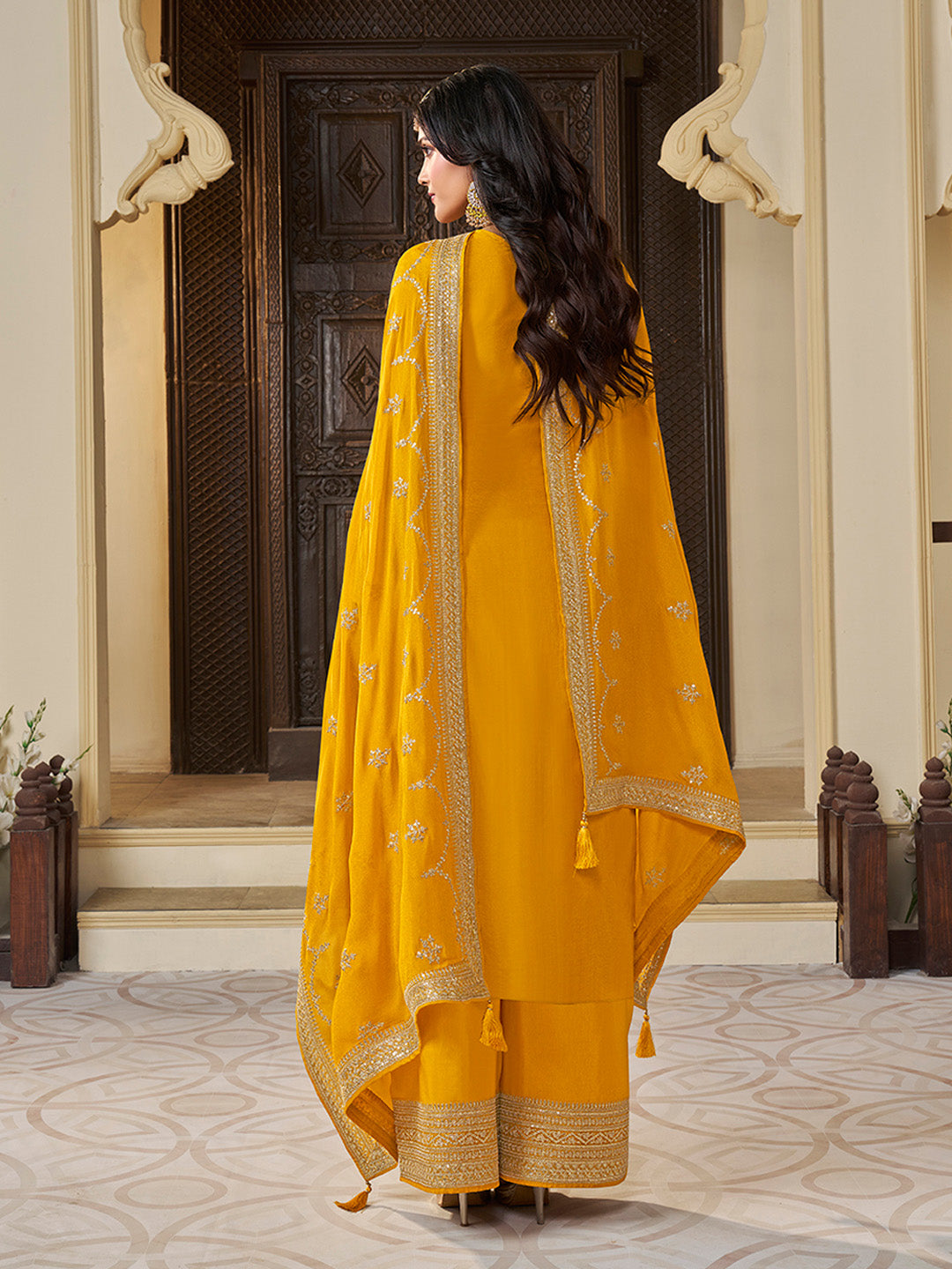 Yellow Chinon Floral Jacquard Embroidered Top with Palazzo Suit Set - qivii