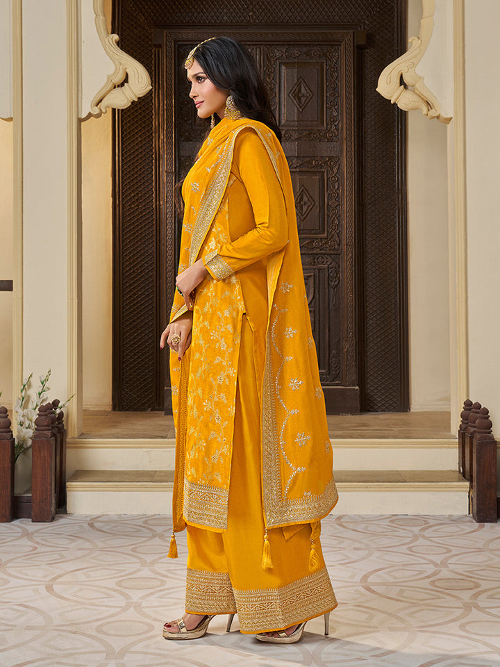 Yellow Chinon Floral Jacquard Embroidered Top with Palazzo Suit Set - qivii