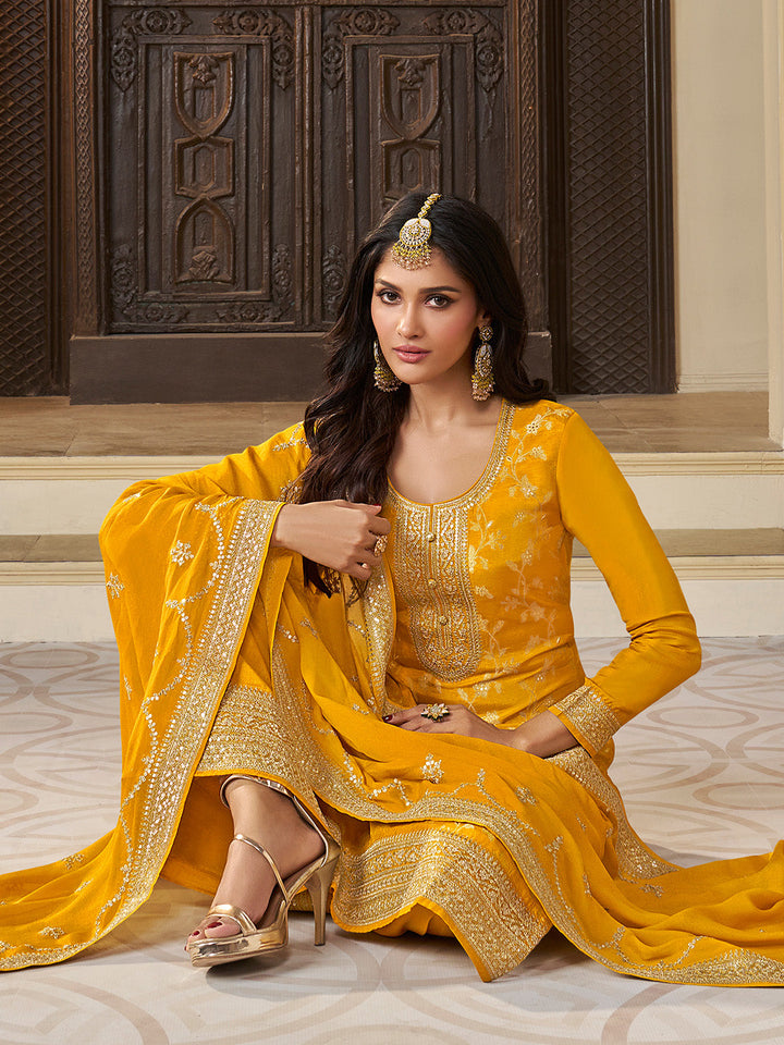 Yellow Chinon Floral Jacquard Embroidered Top with Palazzo Suit Set - qivii
