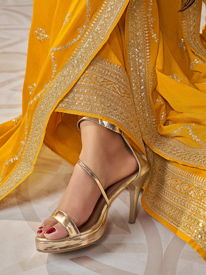 Yellow Chinon Floral Jacquard Embroidered Top with Palazzo Suit Set - qivii