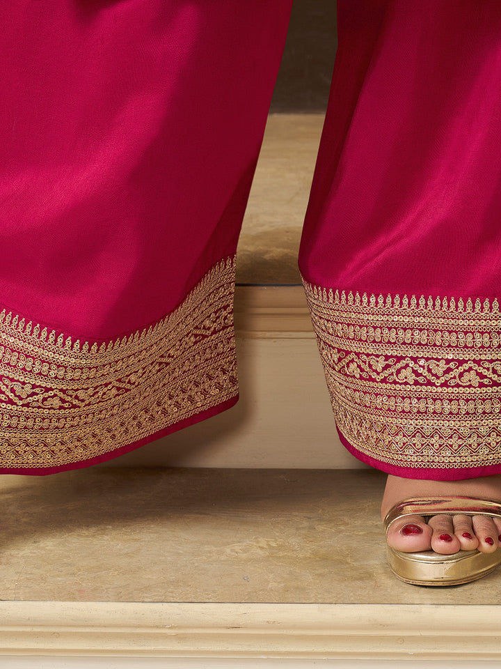 Pink Chinon Floral Jacquard Embroidered Top with Palazzo Suit Set - qivii