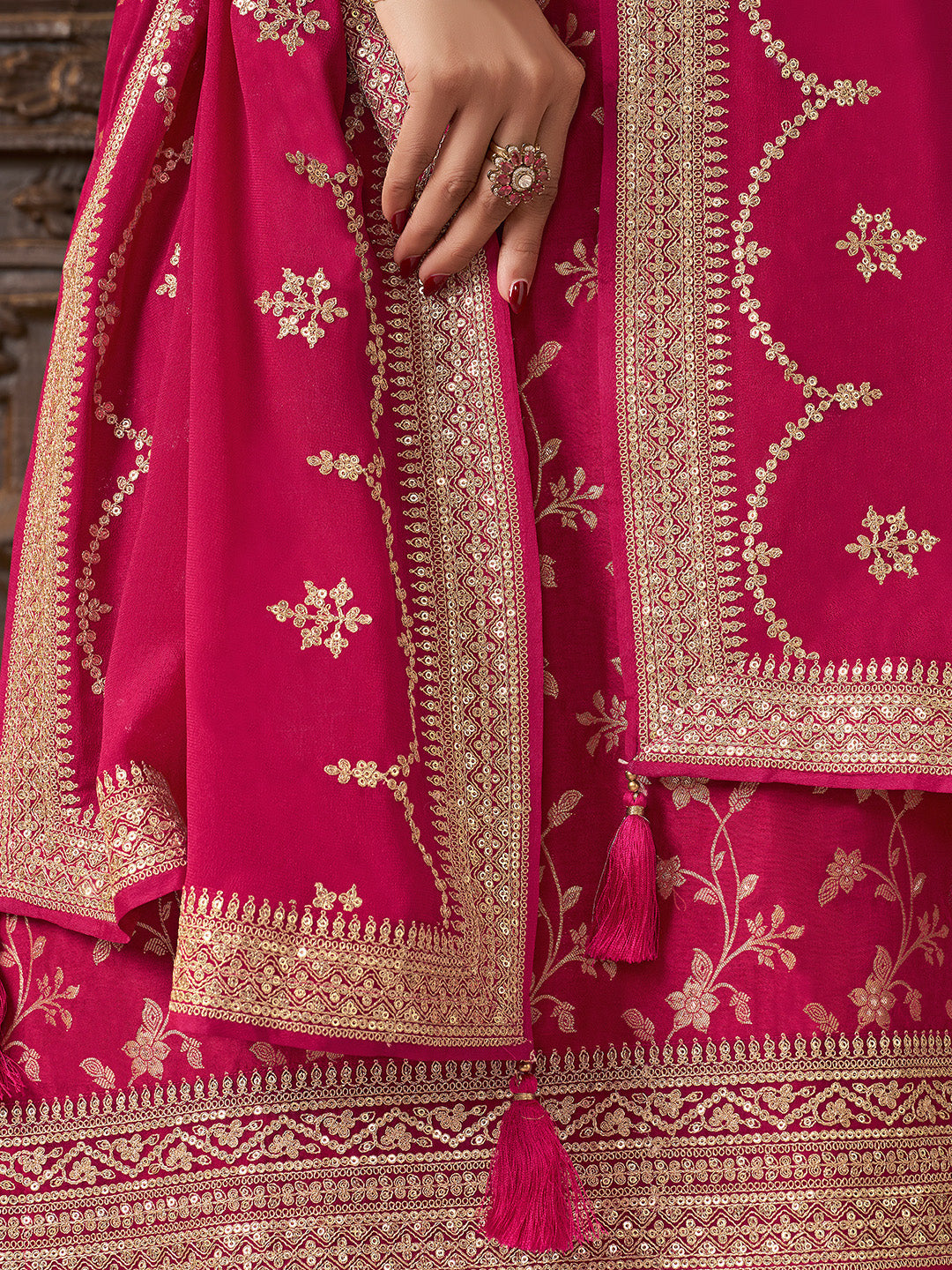 Pink Chinon Floral Jacquard Embroidered Top with Palazzo Suit Set - qivii