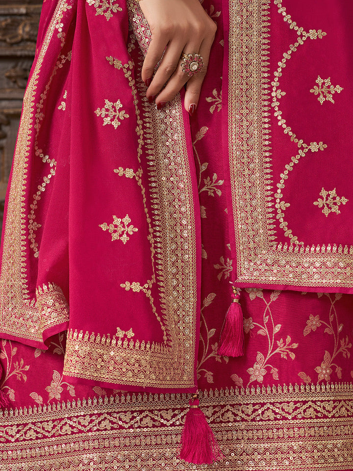 Pink Chinon Floral Jacquard Embroidered Top with Palazzo Suit Set - qivii