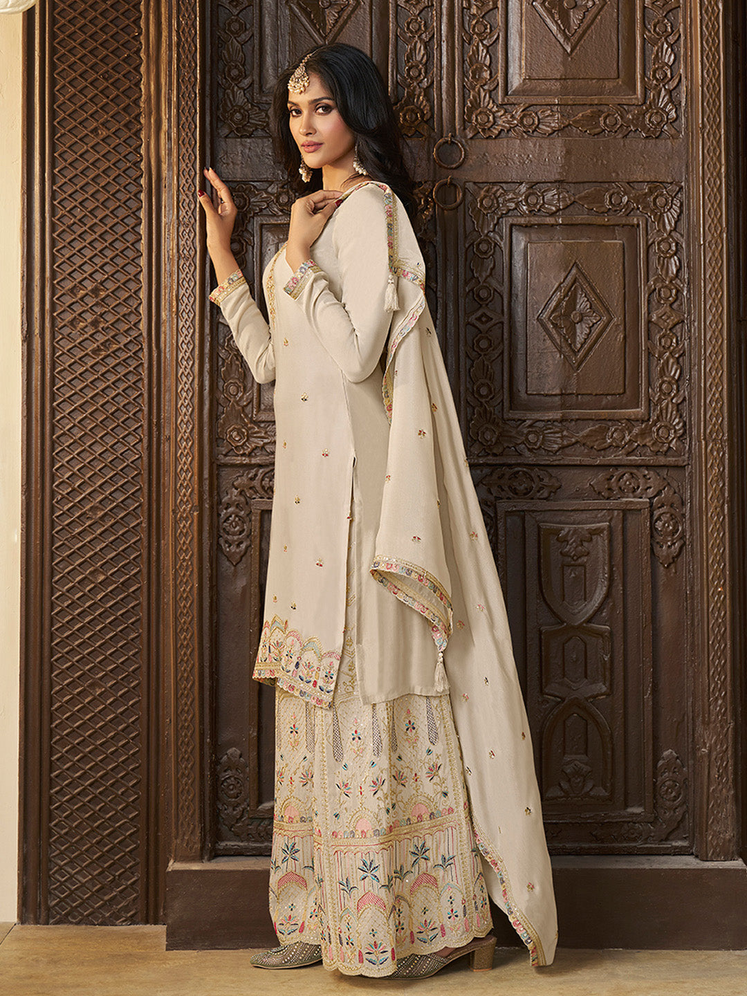 Designer Multi-Thread Embroidered White Chinon Sharara Suit Set - qivii