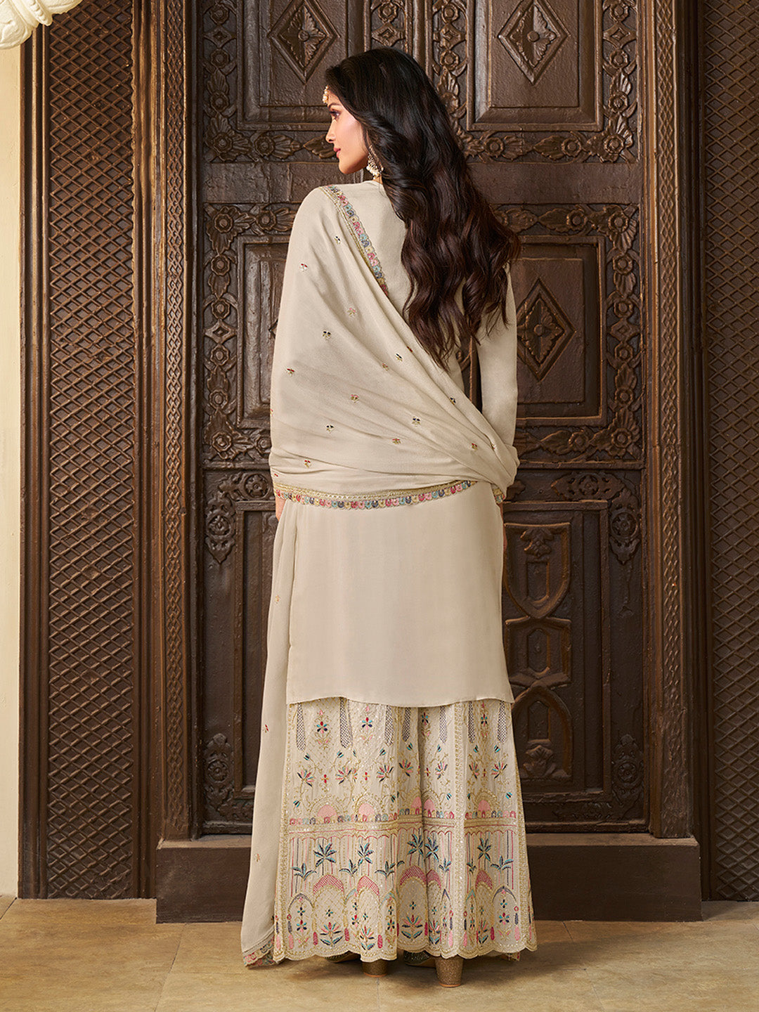Designer Multi-Thread Embroidered White Chinon Sharara Suit Set - qivii