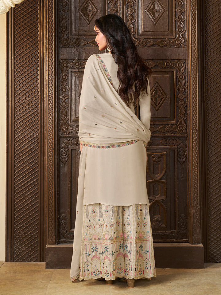 Designer Multi-Thread Embroidered White Chinon Sharara Suit Set - qivii