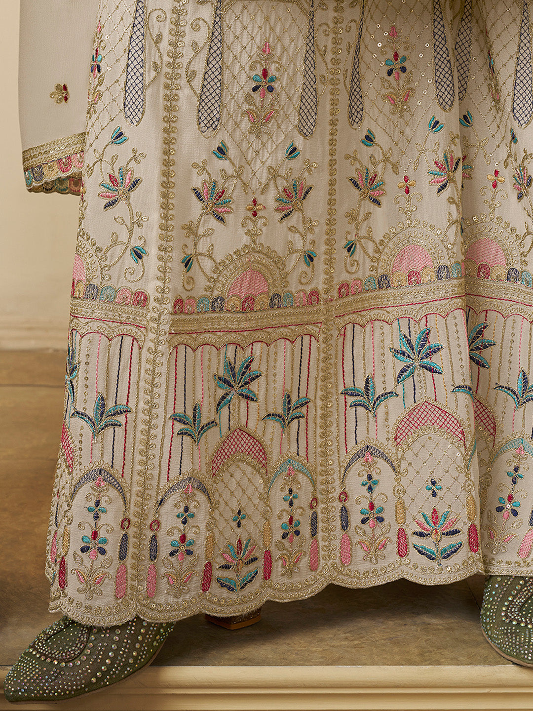 Designer Multi-Thread Embroidered White Chinon Sharara Suit Set - qivii