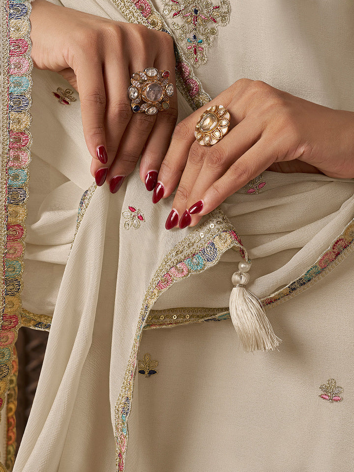 Designer Multi-Thread Embroidered White Chinon Sharara Suit Set - qivii