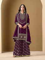 Wine Art Silk Sharara Suit With Thread & Sequins Embroidery Work