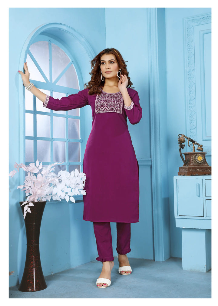 Mulberry Purple Kurta Set With Embroidery Work - qivii