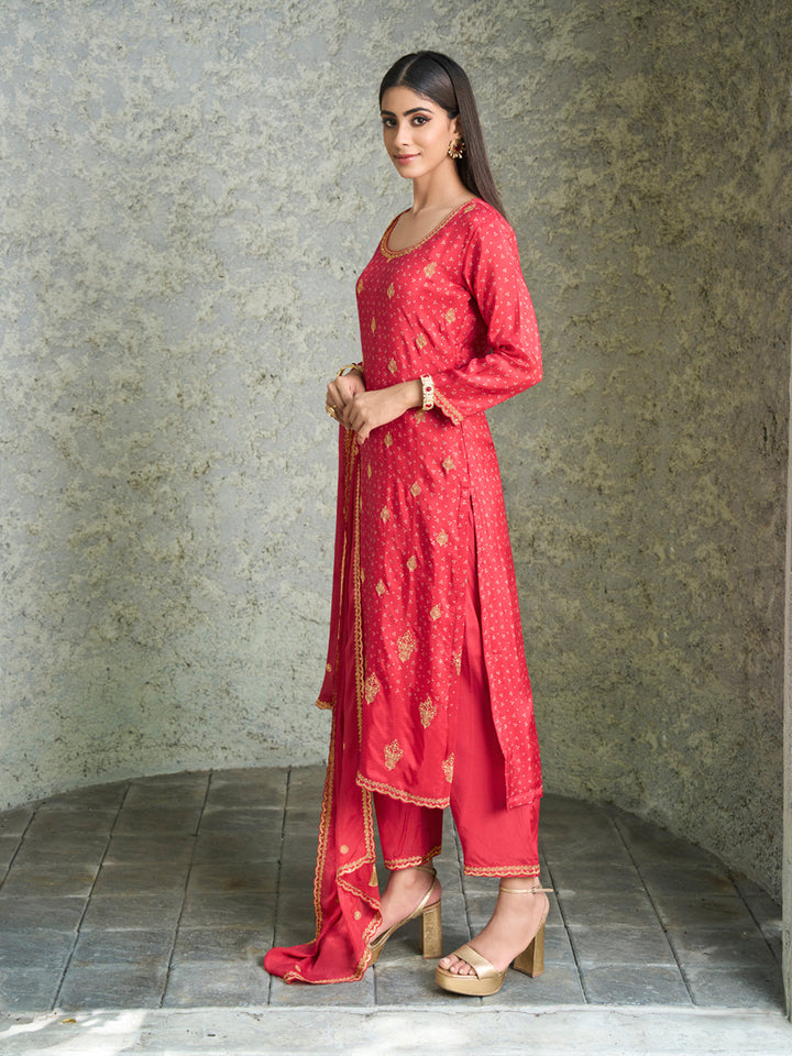 Digital Bandhani Printed Kurta with Trouser and Scalloped Dupatta - qivii