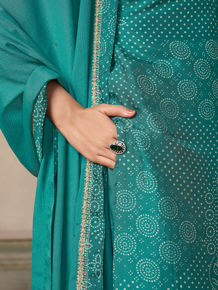 Turquoise Dola Bandhani Printed with Embroidery Kurta Suit Set - qivii