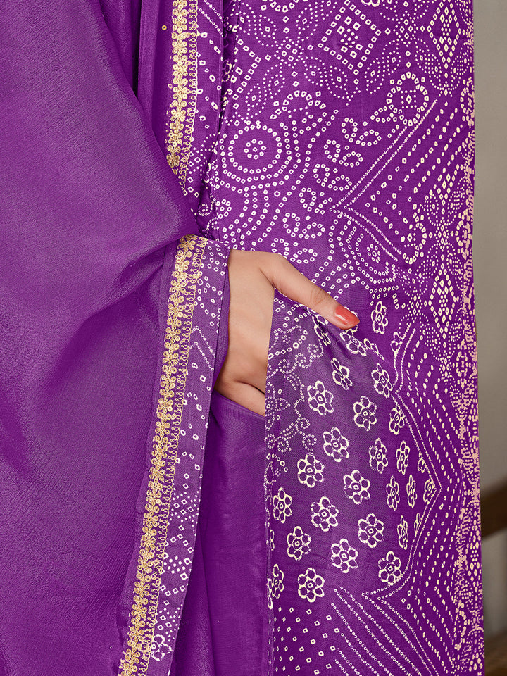 Purple Dola Bandhani Printed with Embroidery Kurta Suit Set - qivii