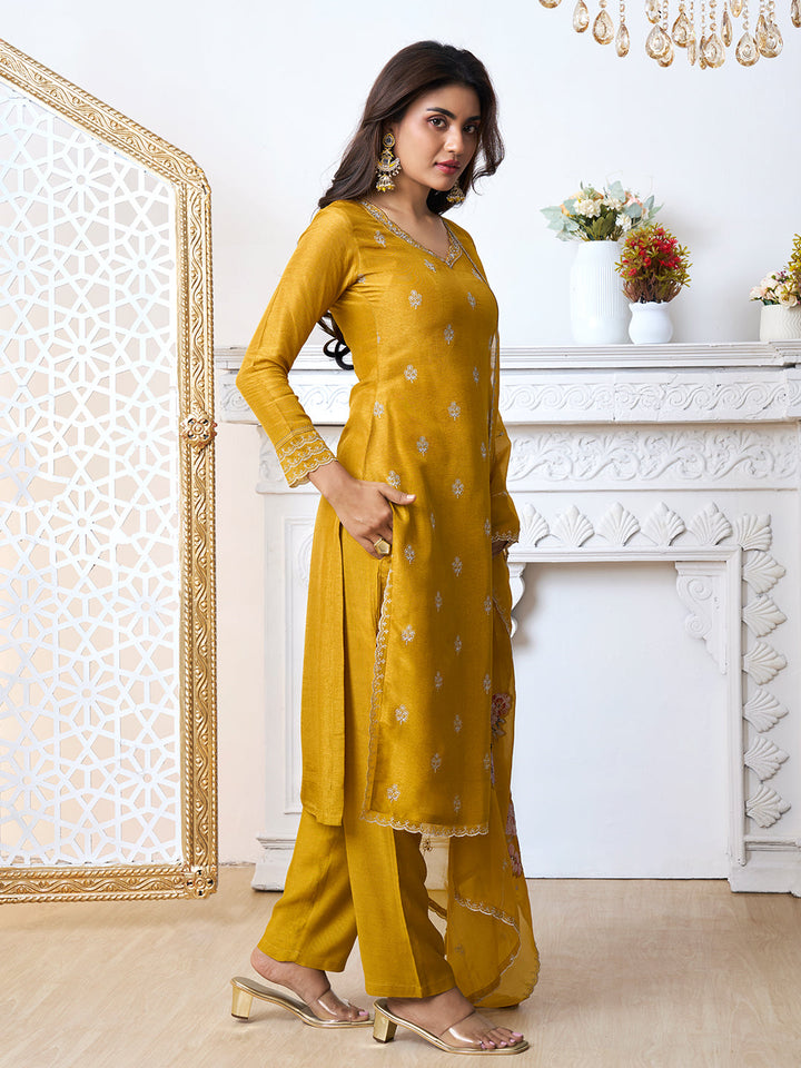 Mustard Yellow Cutwork Neckline Dola Silk Kurta Suit Set with Floral Applique Dupatta - qivii