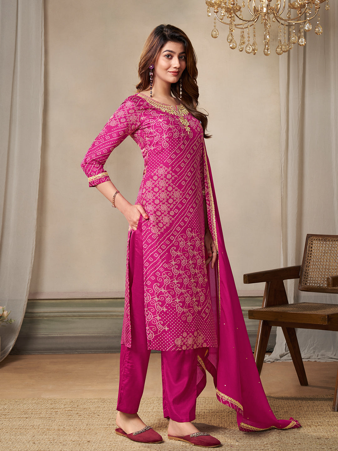 Pink Dola Bandhani Printed with Embroidery Kurta Suit Set - qivii