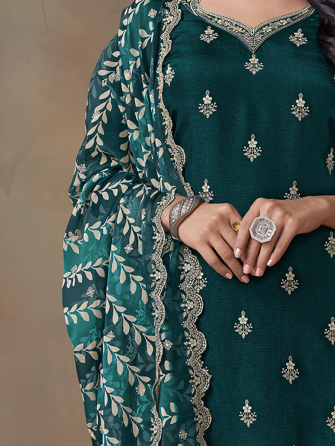 Dark Green Cutwork Neckline Dola Silk Kurta Suit Set with Digital Print Dupatta - qivii