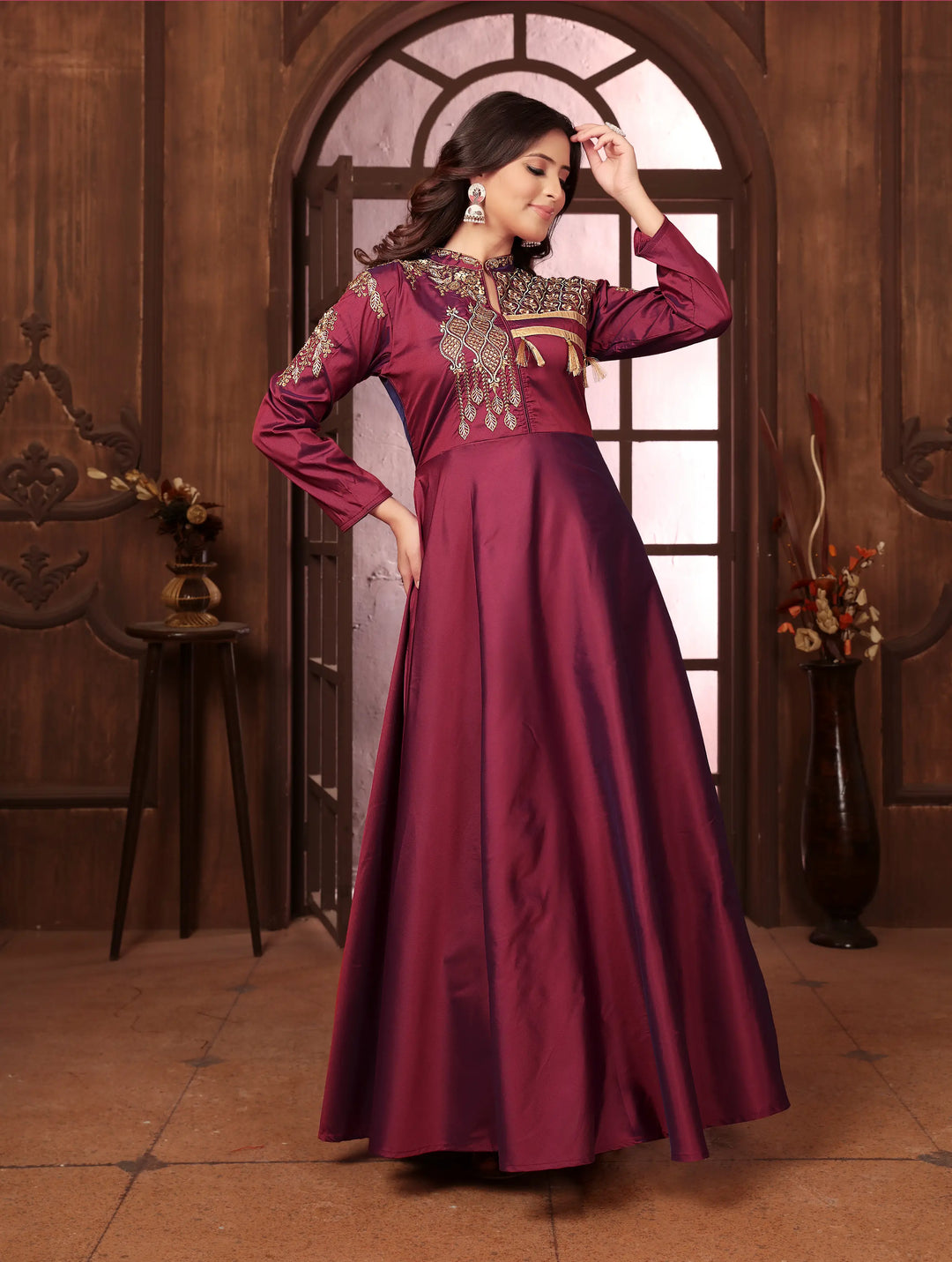 Maroon Red Gown With Heavy Embroidery Work - qivii