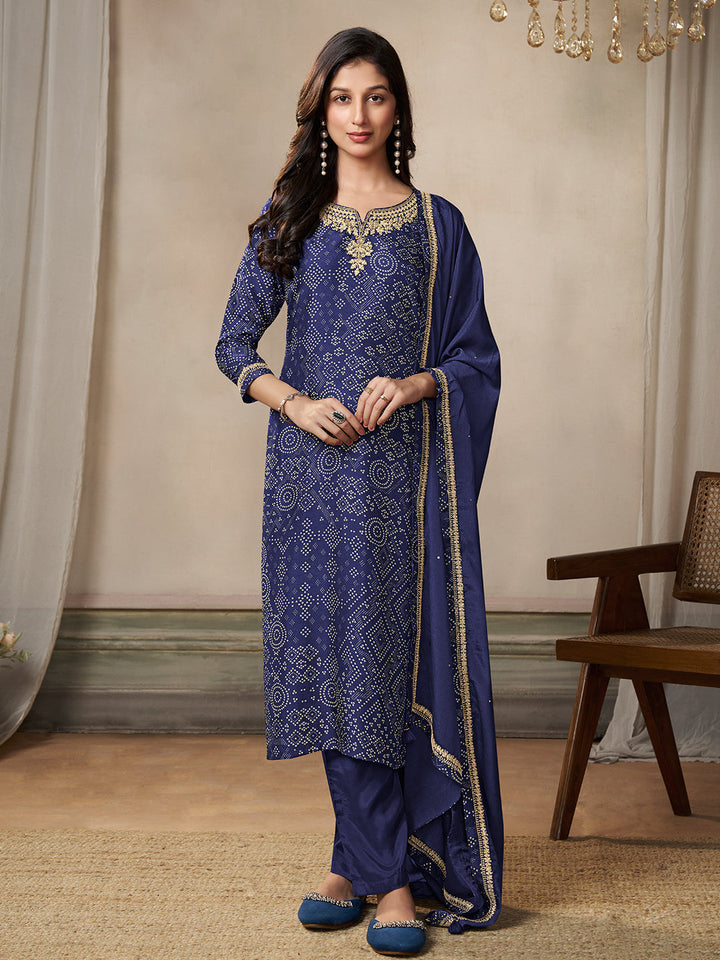 Royal Blue Kurta Set in Dola Bandhani Printed with Embroidery - qivii