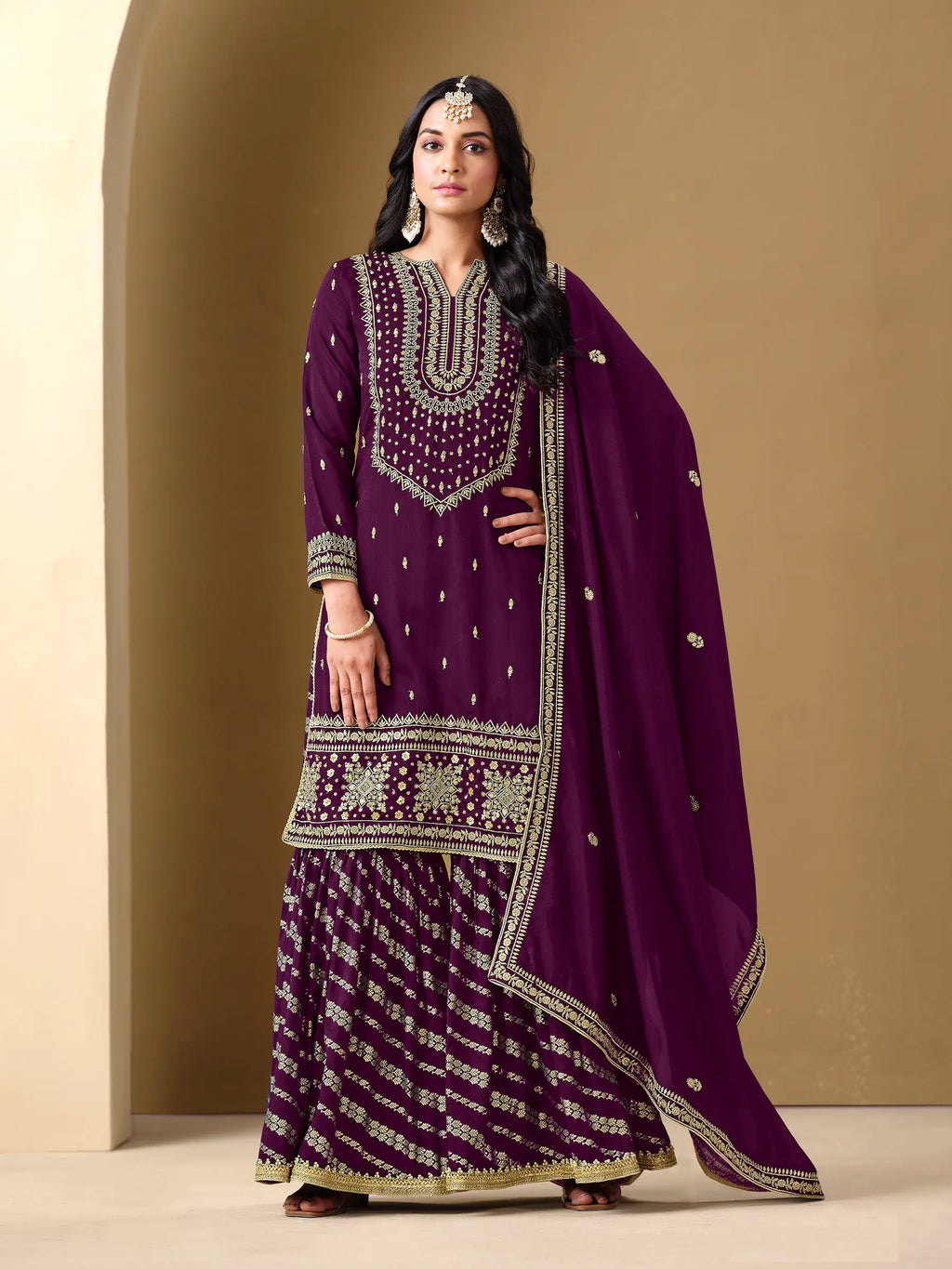 Wine Art Silk Sharara Suit With Thread & Sequins Embroidery Work