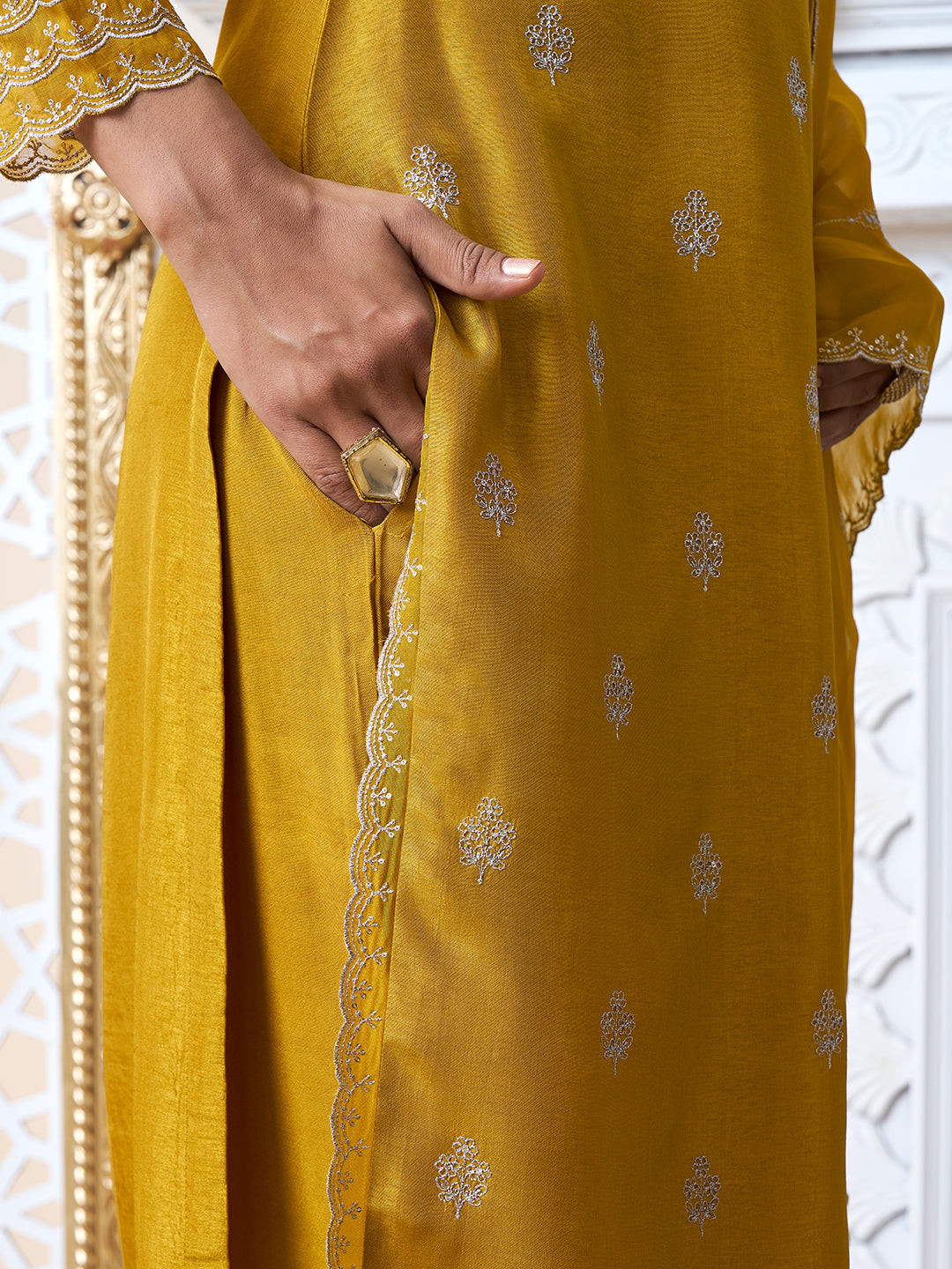 Mustard Yellow Cutwork Neckline Dola Silk Kurta Suit Set with Floral Applique Dupatta - qivii
