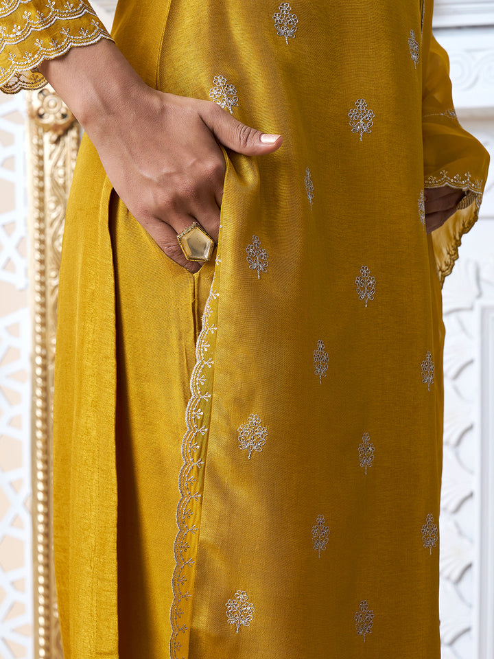 Mustard Yellow Cutwork Neckline Dola Silk Kurta Suit Set with Floral Applique Dupatta - qivii