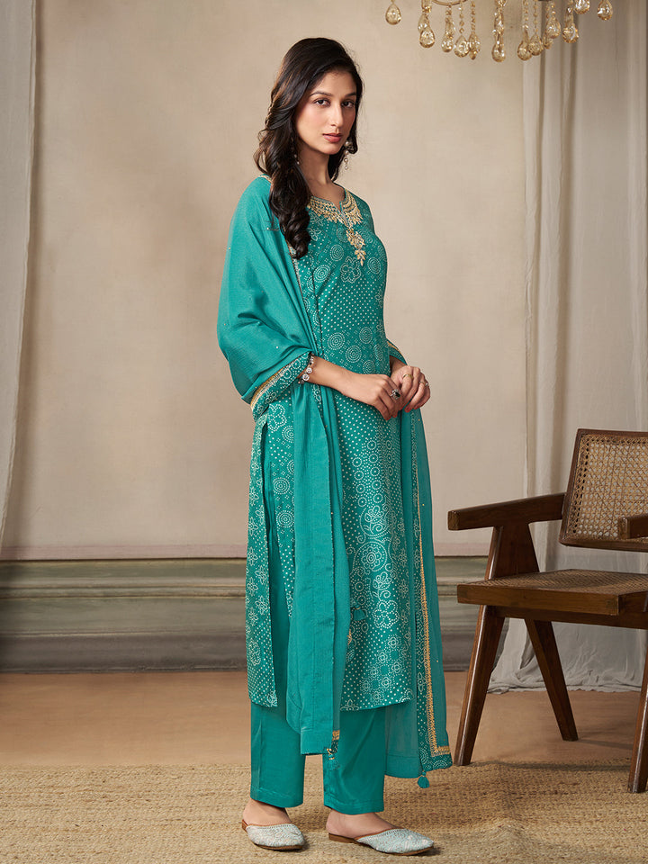 Turquoise Dola Bandhani Printed with Embroidery Kurta Suit Set - qivii