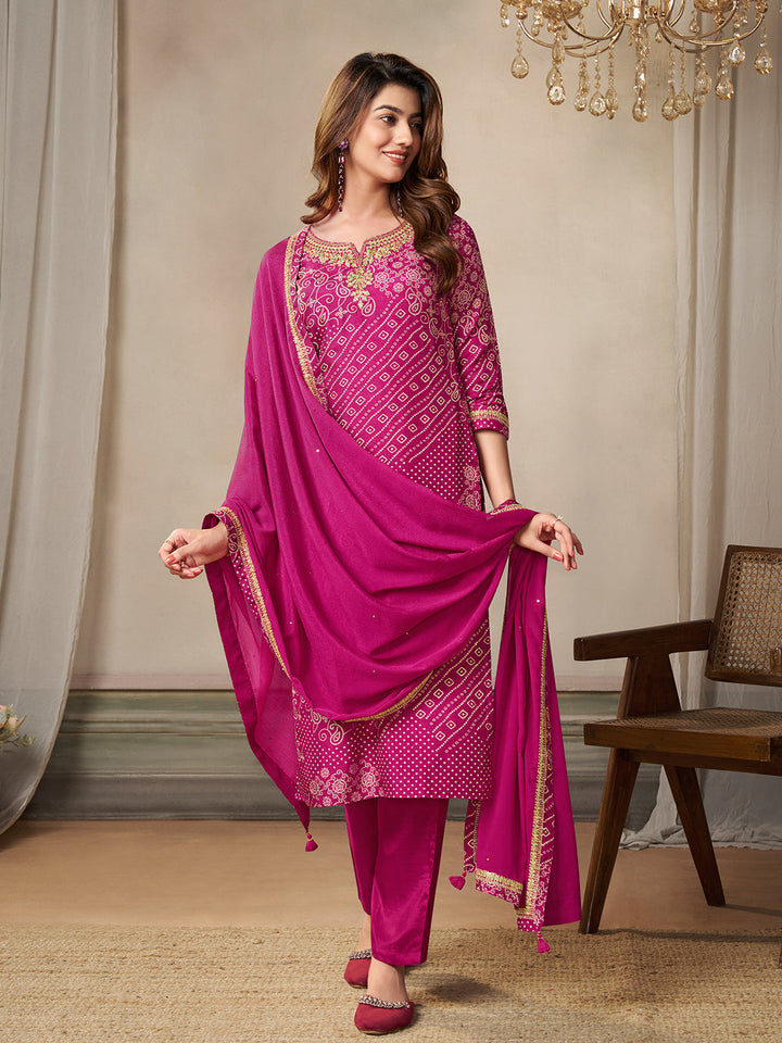 Pink Dola Bandhani Printed with Embroidery Kurta Suit Set - qivii