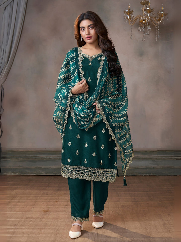 Dark Green Cutwork Neckline Dola Silk Kurta Suit Set with Digital Print Dupatta - qivii
