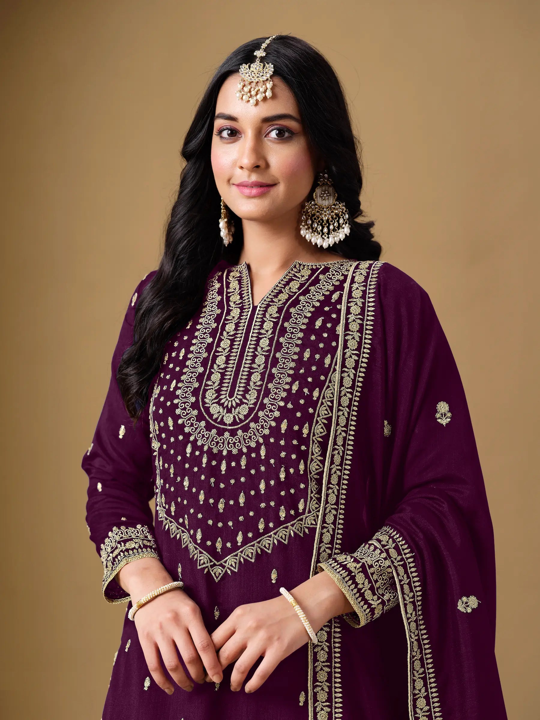 Wine Art Silk Sharara Suit With Thread & Sequins Embroidery Work