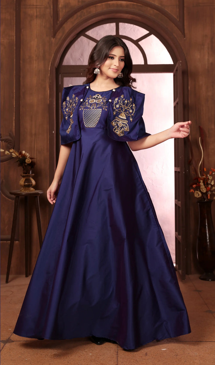 Royal Blue Gown With Heavy Embroidery Work - qivii