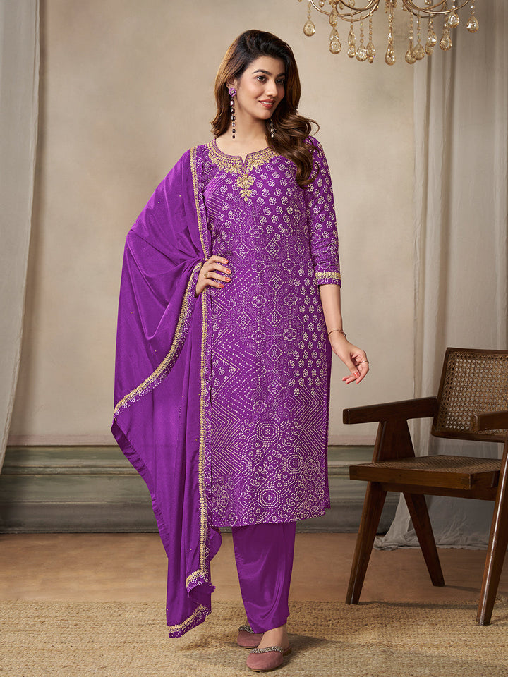 Purple Dola Bandhani Printed with Embroidery Kurta Suit Set - qivii