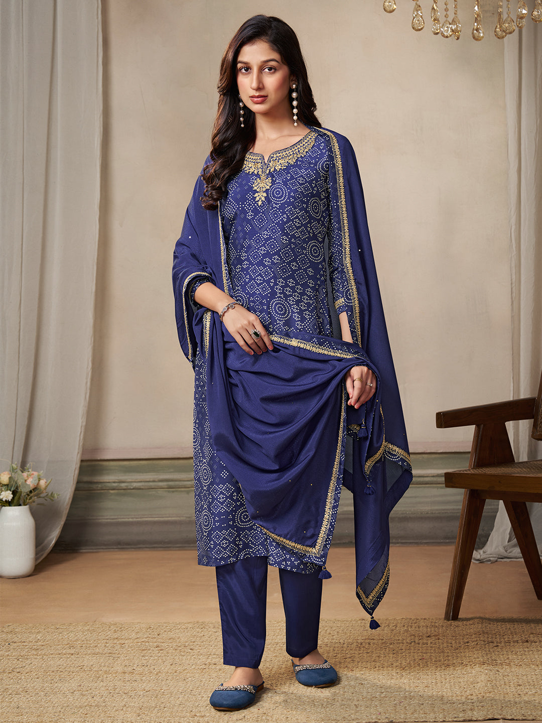 Royal Blue Kurta Set in Dola Bandhani Printed with Embroidery - qivii
