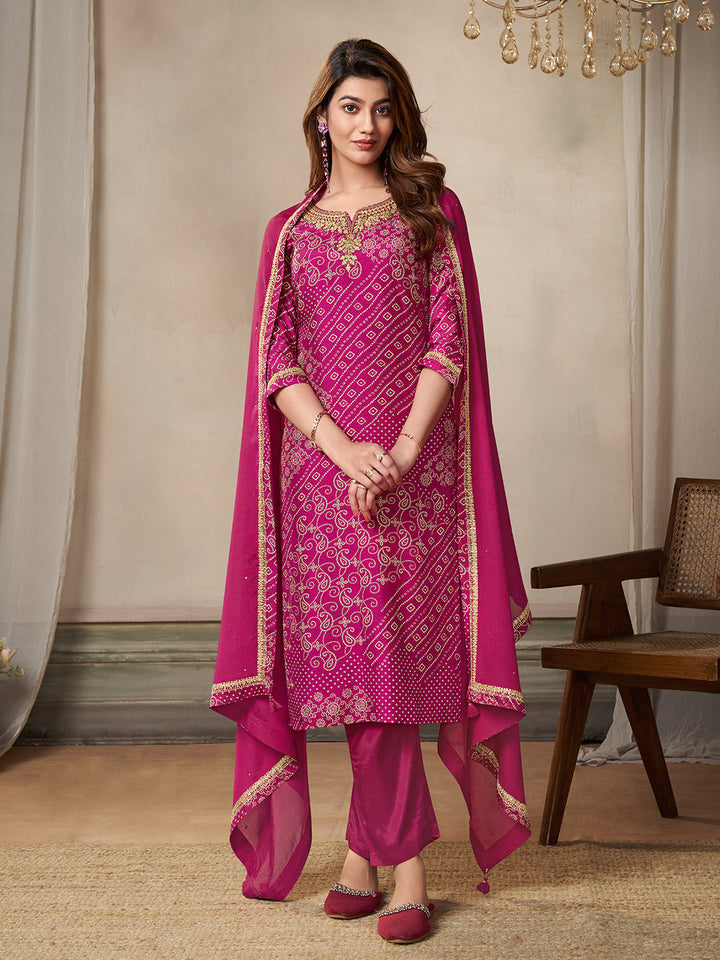 Pink Dola Bandhani Printed with Embroidery Kurta Suit Set - qivii