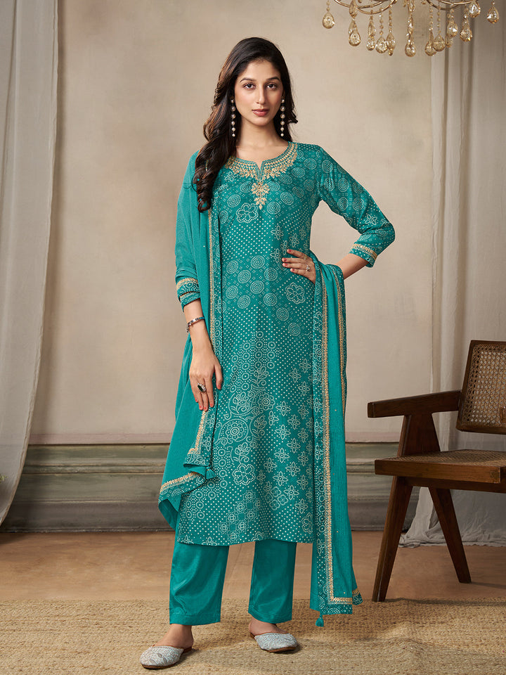 Turquoise Dola Bandhani Printed with Embroidery Kurta Suit Set - qivii