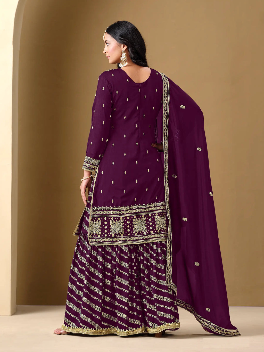 Wine Art Silk Sharara Suit With Thread & Sequins Embroidery Work