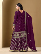 Wine Art Silk Sharara Suit With Thread & Sequins Embroidery Work