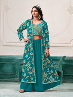 Blue Georgette Indo Western Set With Thread & Sequins Embroidery Work