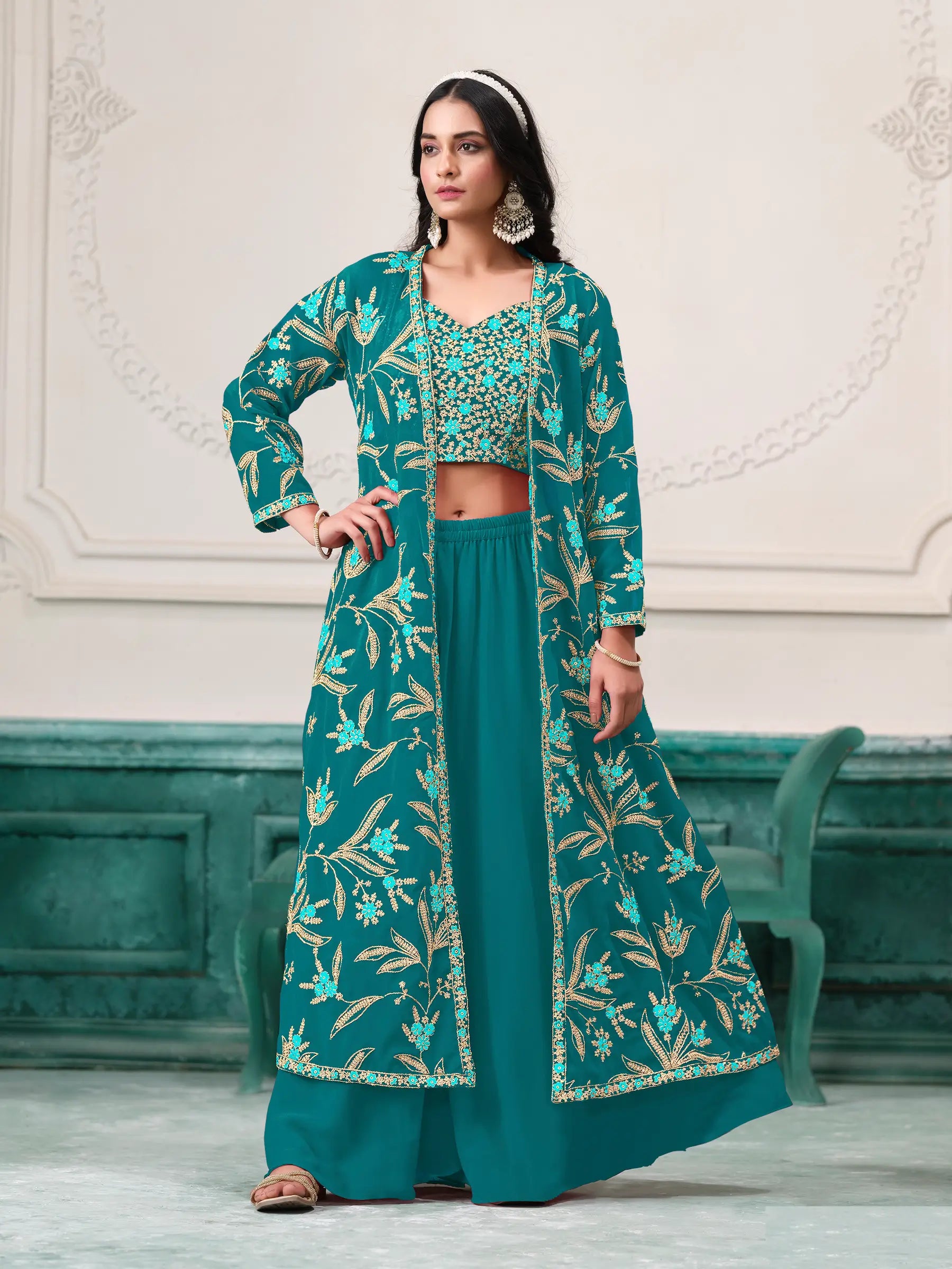 Blue Georgette Indo Western Set With Thread & Sequins Embroidery Work
