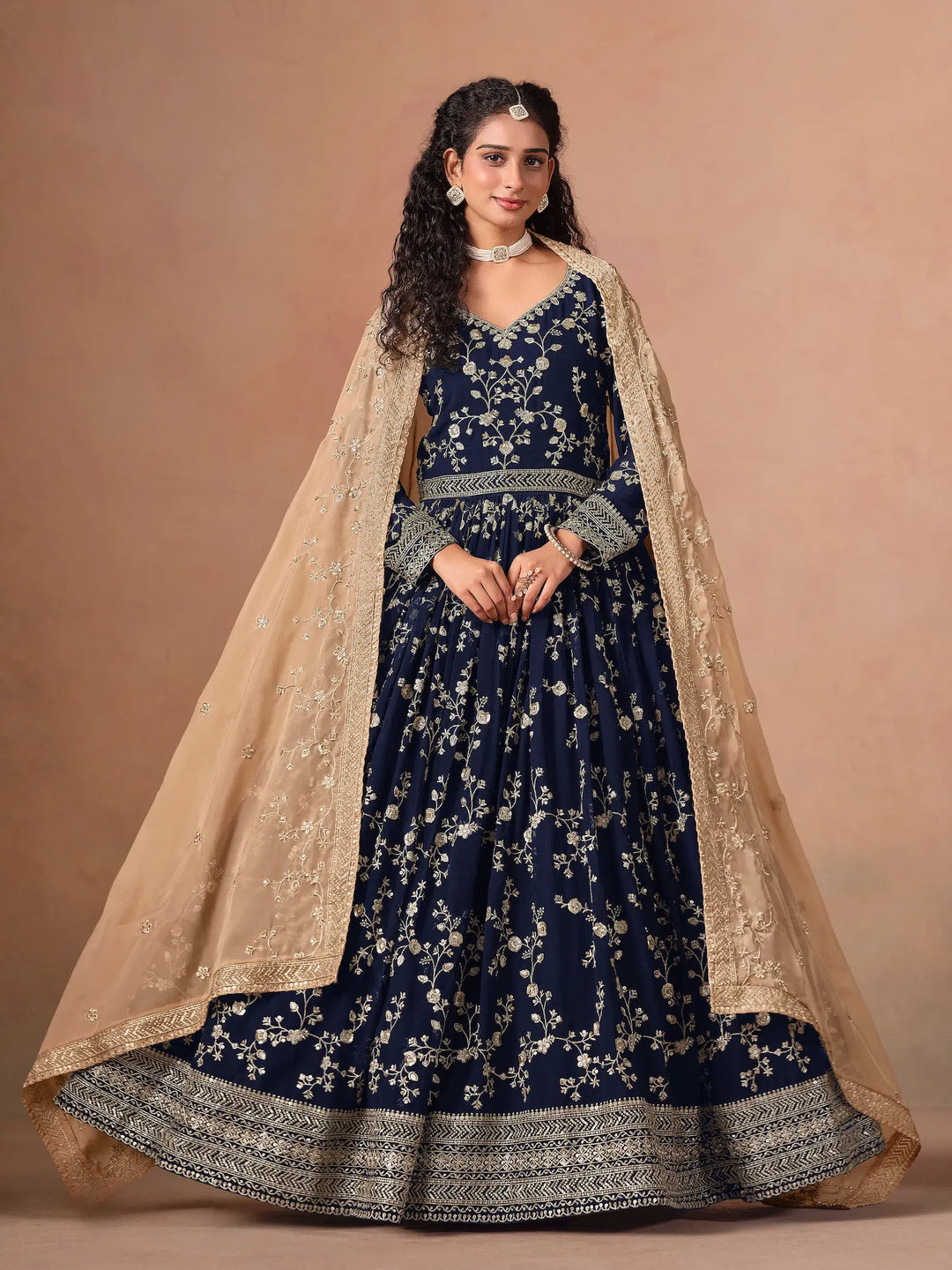 Navy Blue Georgette Embroidery Gown With Organza Dupatta - qivii