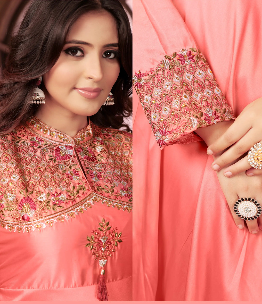 Peach Gown With Heavy Embroidery Work - qivii