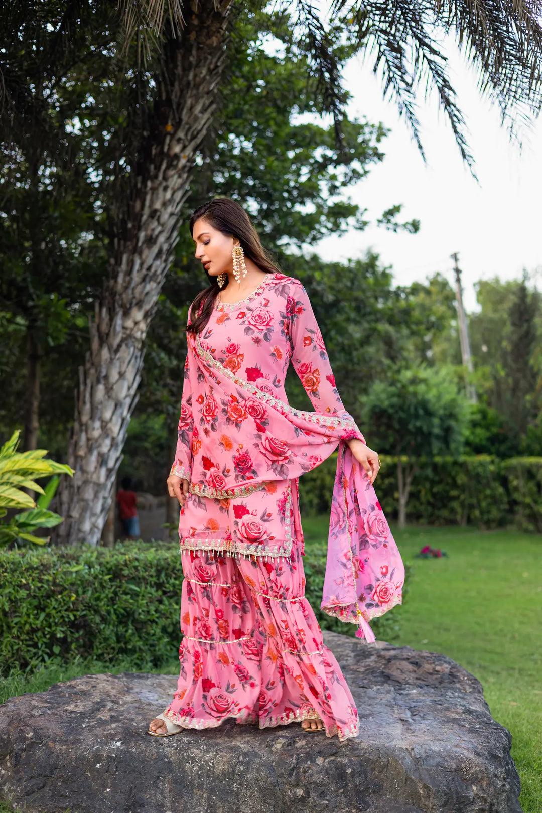 Light Pink Georgette Palazzo Salwar Suit With Floral Print & Embroidery Work - qivii