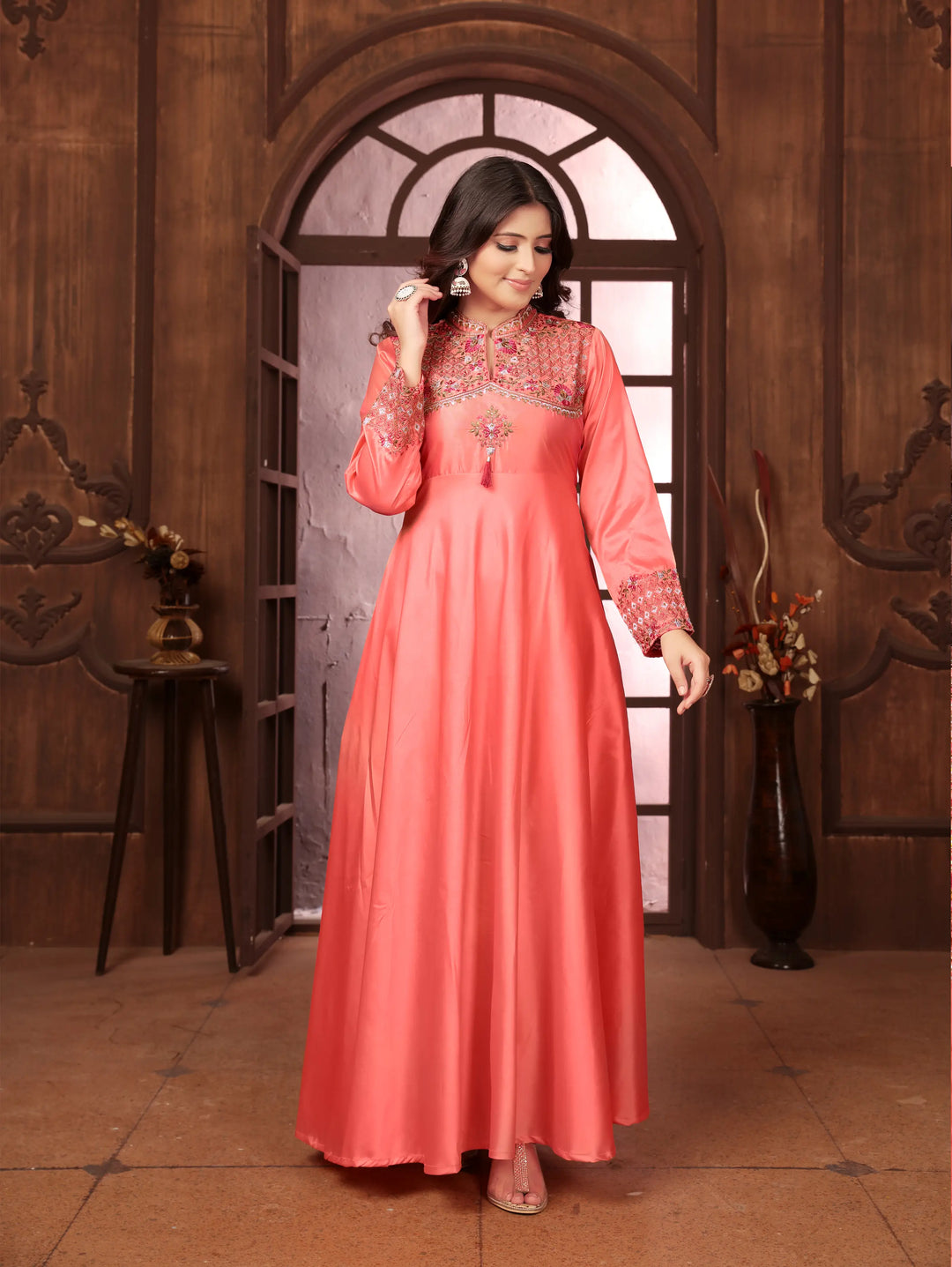 Peach Gown With Heavy Embroidery Work - qivii