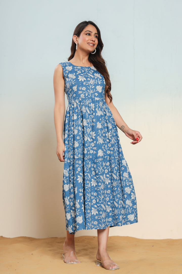 Indigo Blue Cotton Hand Block Printed Maxi Dress  - By Ragavi - qivii