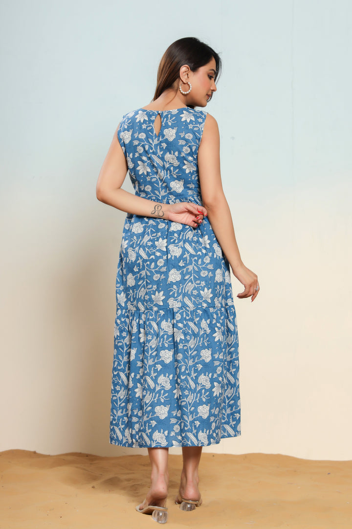 Indigo Blue Cotton Hand Block Printed Maxi Dress  - By Ragavi - qivii