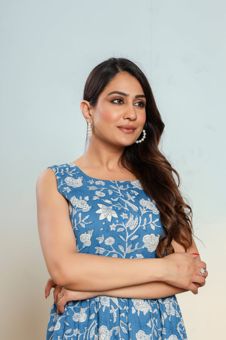 Indigo Blue Cotton Hand Block Printed Maxi Dress  - By Ragavi - qivii