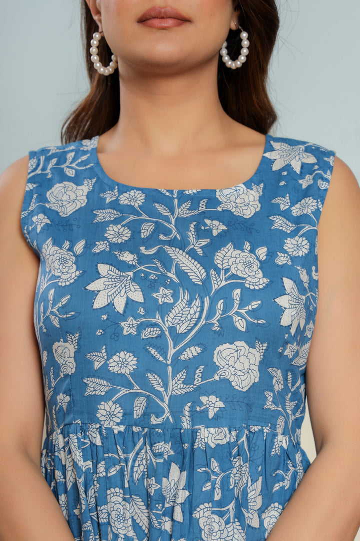 Indigo Blue Cotton Hand Block Printed Maxi Dress  - By Ragavi - qivii