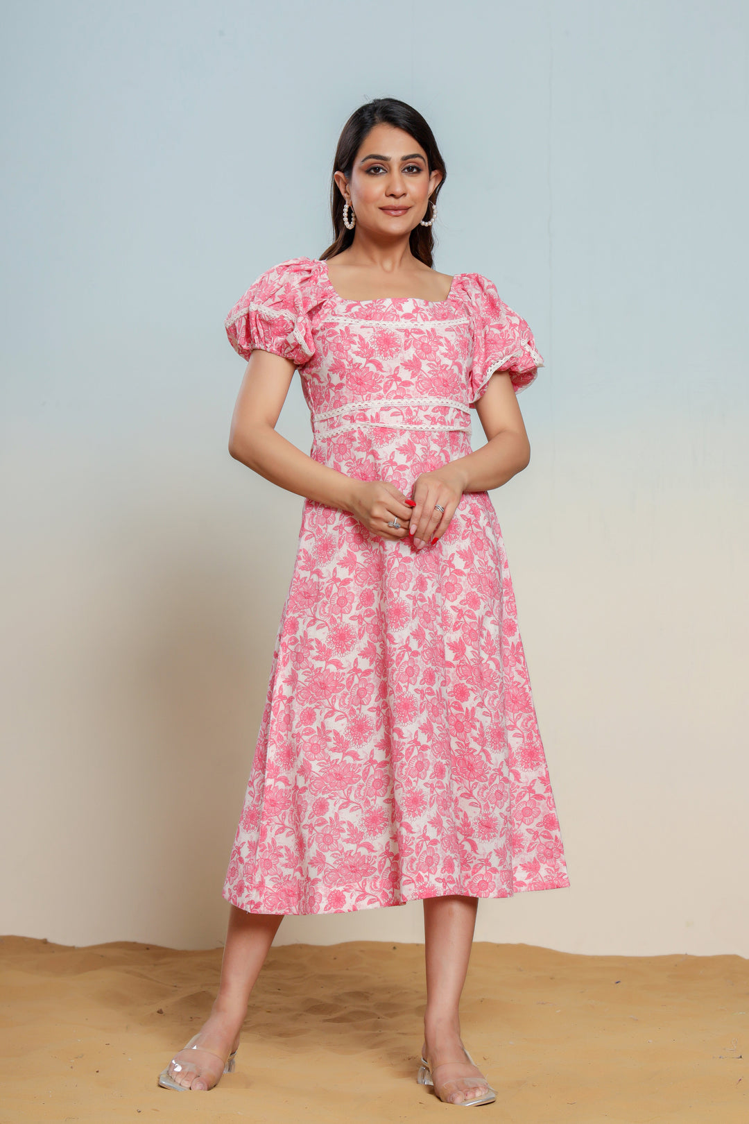 Prism Pink Cotton Hand Block Printed Midi Dress  - By Ragavi - qivii