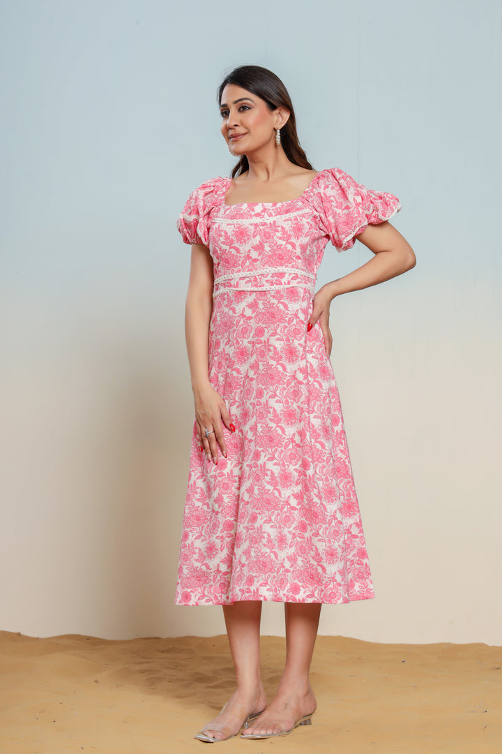 Prism Pink Cotton Hand Block Printed Midi Dress  - By Ragavi - qivii